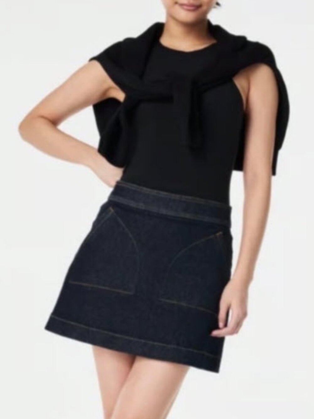 SPANX Raw Indigo Denim Mini Skirt Skort with Inner Shorts Women’s Large NWT